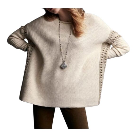 CAbi Slip Stitch Sweater S Oversized Chunky Knit Tunic Lagenlook Pullover Cream - Picture 8 of 16